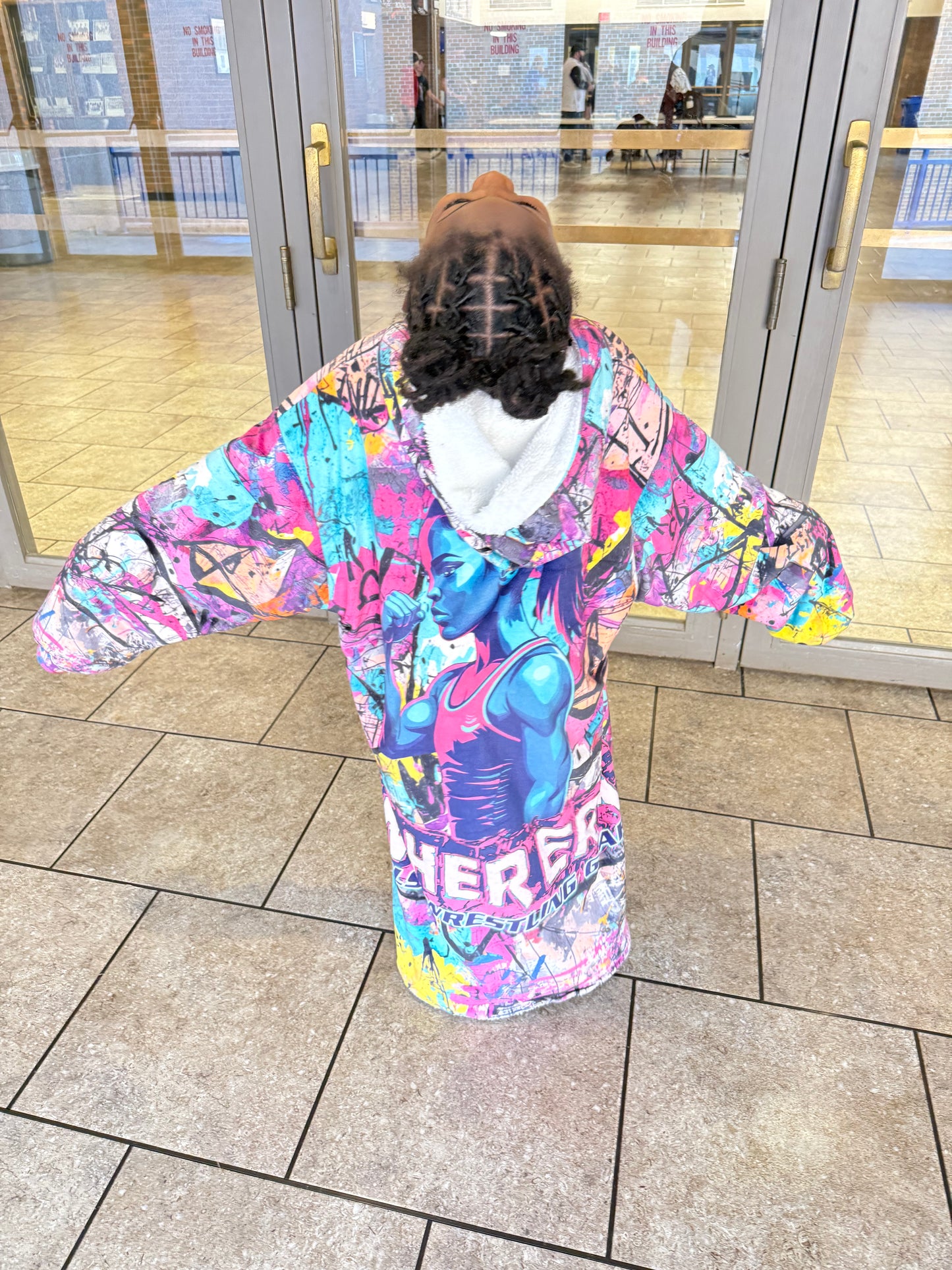 PREORDER: In Her Era™ Wrestling Youth Graffiti Sherpa Blanket Hoodie – Oversized Fleece
