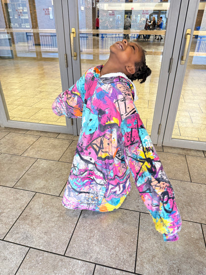 PREORDER: In Her Era™ Wrestling Youth Graffiti Sherpa Blanket Hoodie – Oversized Fleece